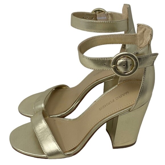 NEW Marc Fisher Magali Heel Size 7.5 M Suede Open Toe Shoe Ankle Strap Gold - Picture 3 of 8